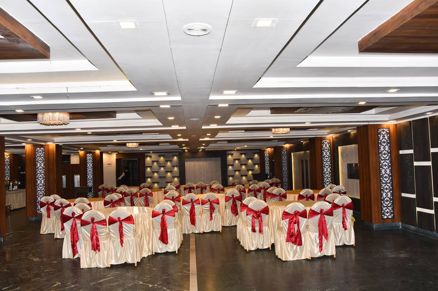 Maya banquet hall at Chinmaye Inn, set for a reception